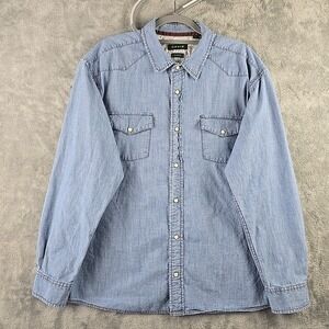 Orvis Western Shirt Mens XL Blue Chambray Denim Pearl Snap Double Pocket